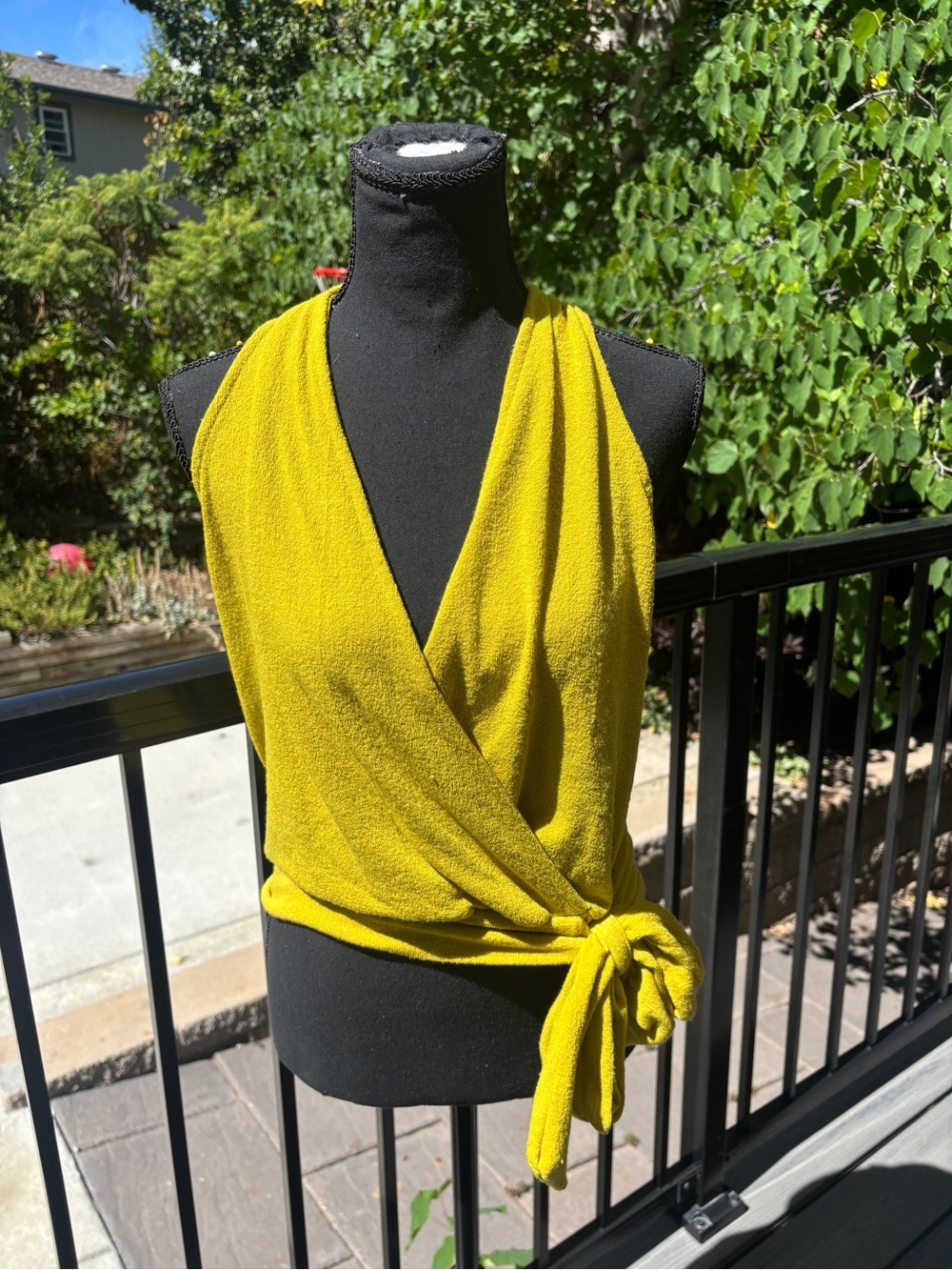Sleeveless Wrap Tank Top in Chartreuse with Ring Closure in Back